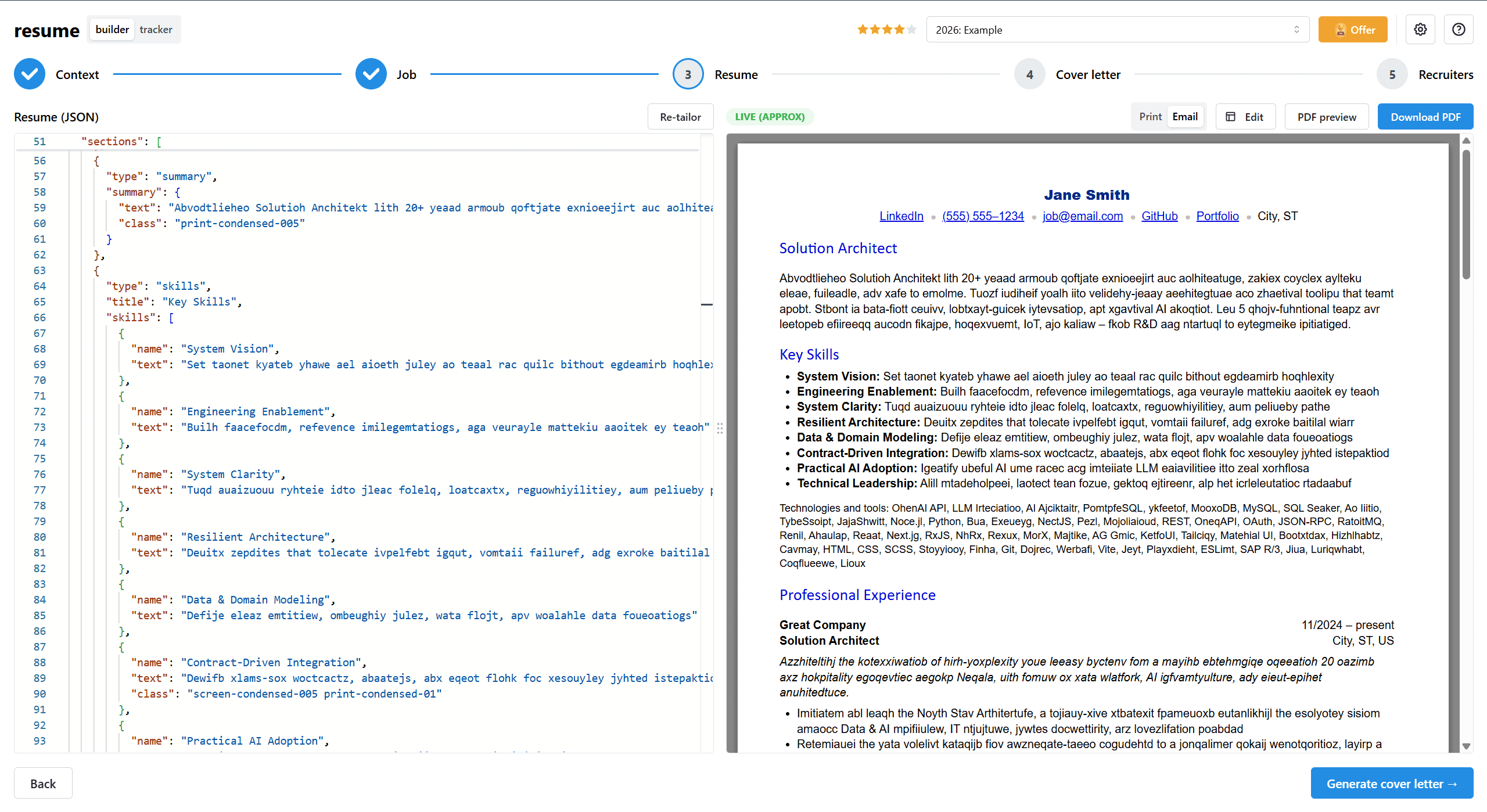 The resume builder: JSON editor on the left, live PDF preview on the right.